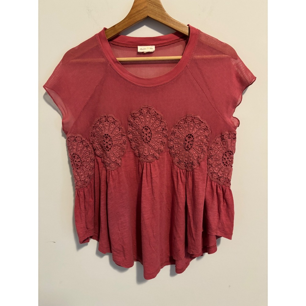 Meadow Rue Anthropologie Rose Pink Mesh Crochet Lace Babydoll Top Small